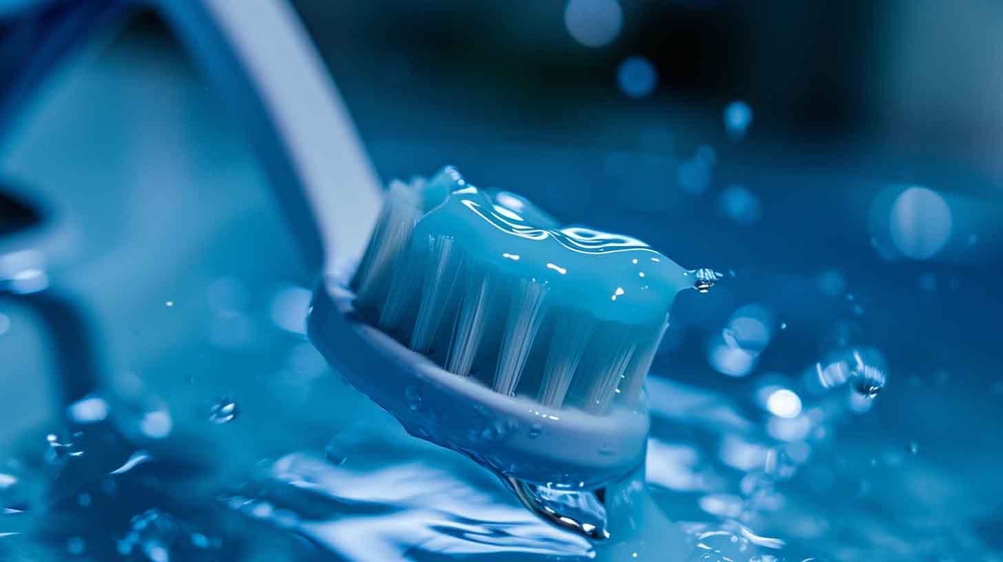 A white toothbrush with a blue toothpaste on it