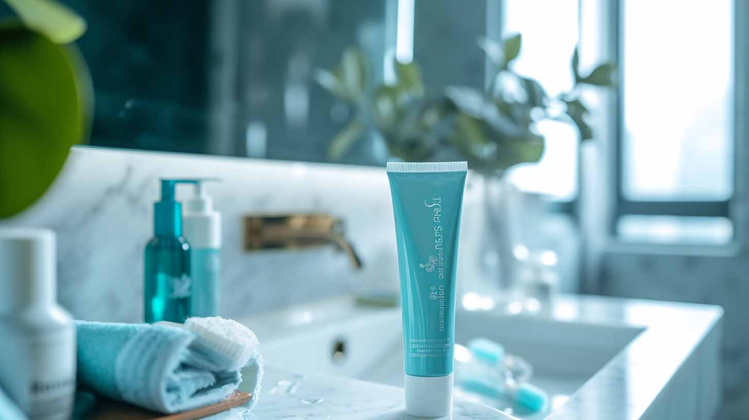 Trooth: a blue toothpaste in a luxurious bathroom.